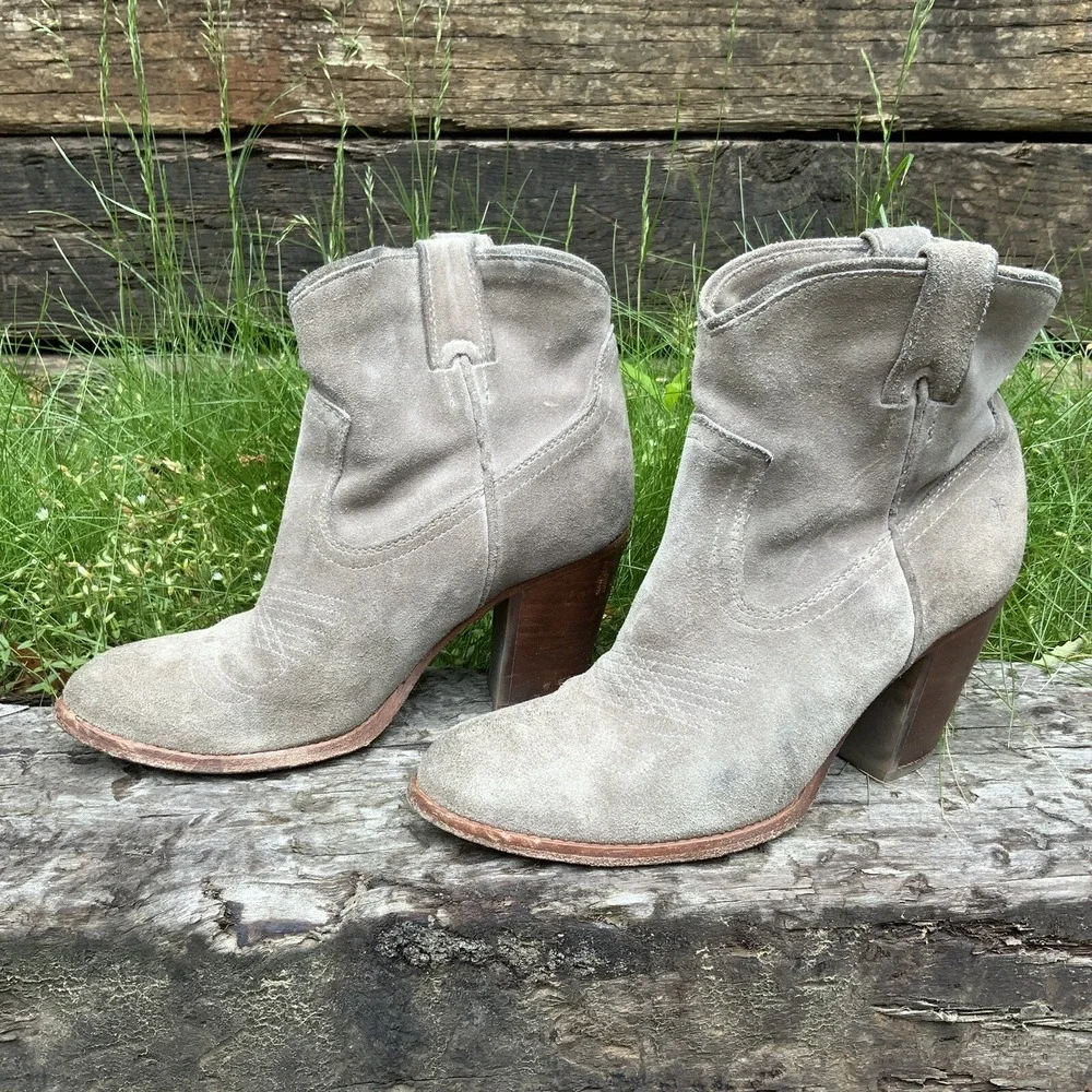 Frye Light Gray Taupe Suede Western-Style Ankle Boots